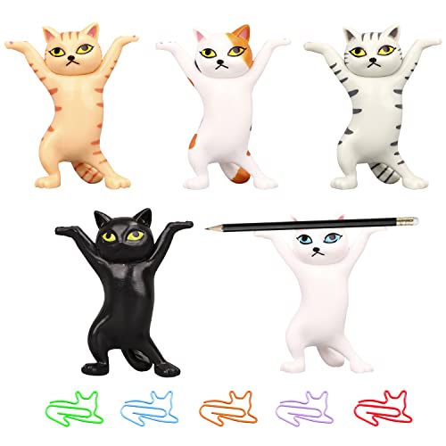 5er-Pack Dancing Cat Stifthalter mit 5 Katze Büroklammern, Gewichtheben Mini Katze Dekor, Stifthalter, Ohrstöpselhalter, langlebig und lustig Ornament, Katzensargtanz, Geschenk für Katzenliebhaber von BEIIEB
