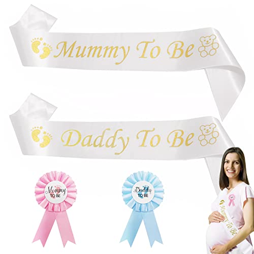 BEIIEB 4er-Set Babyparty-Dekorationen, Mama, Papa, Baby-Partyzubehör, werdende Mutter und werdende Papa, Satin-Schärpe für Geburtstagsparty, Babyparty, Dekorationen von BEIIEB