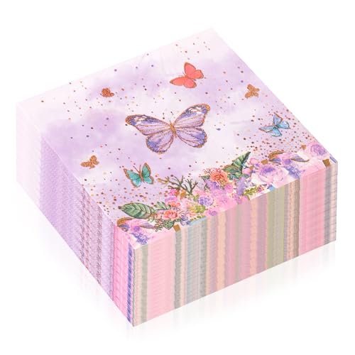 100 Stück Blumen Servietten Frühling Lila Servietten Schmetterling Geburtstag Deko für Frühling Geburtstage Partys Hochzeiten Feiern 33x33cm von BEIMEIII