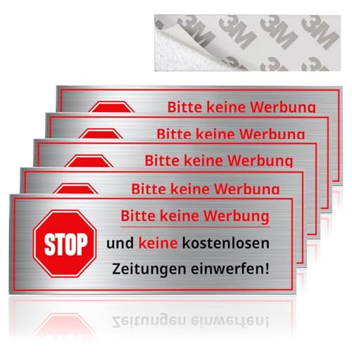 5 Stück Bitte Keine Werbung Schild Aufkleber Briefkasten Extra Starke Folie Edelstahl Optik Hinweis “Bitte Keine Werbung und Keine Kostenlosen Zeitungen Einwerfen!” für Briefkasten 67 * 21mm von BEIMEIII