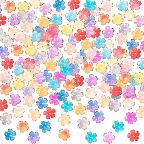 BEIQIYA 100 Stück Kirschblüten-Blumenperlen, bunter Farbverlauf, 5-Petal-Acryl-Blumen-Charms, vergoldete Mini-Abstandshalter für Armbänder, Halsketten, Ohrringe, Schmuckherstellung von BEIQIYA