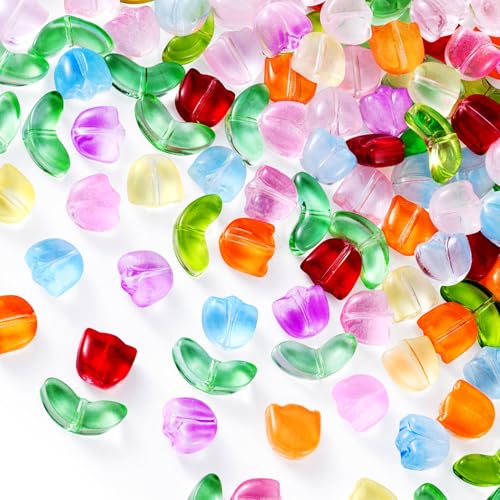 BEIQIYA 160 Stück Tulpenblumen-Perlen für die Schmuckherstellung, durchscheinende Glasperlen, bunte, handgefertigte Kristall-Schmuckanhänger zur Herstellung von Halsketten, Ohrringen, Armbändern von BEIQIYA