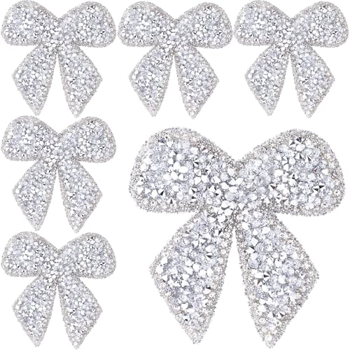 BEIQIYA Glitzer-Schleife, Strass-Applikation, zum Aufbügeln oder Aufnähen, glitzernde Kristallschleife, Nähzubehör für Jeans, Jacken, Taschen, Bastelarbeiten, Silber, 6 Stück von BEIQIYA