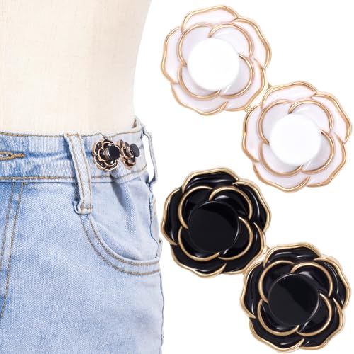 BEIQIYA Hosen-Taillenspanner mit Knopfverschluss, verstellbar, kein Nähen, Blumenknopfverschlüsse, abnehmbare Anti-Rutsch-Schnalle für lose Jeans, Hemden, Röcke, Ärmel, Schwarz und Weiß, 2 Stück von BEIQIYA