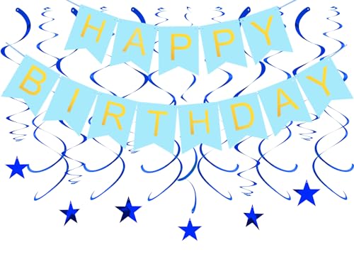 BEISHIDA Blaues "Happy Birthday"-Banner mit 12 blauen Sternen, hängende Wirbel, Girlande, blaue Geburtstagsparty-Dekorationssets für Geburtstagsparty, Kindergeburtstagsdekorationen von BEISHIDA
