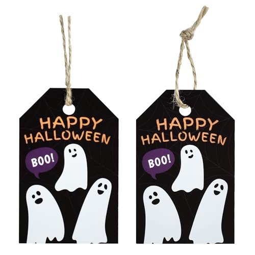BEISHIDA Halloween-Geschenkanhänger mit Schnur, "Happy Halloween Geist", Geschenkpapier, Etiketten zum Aufhängen, für Süßigkeiten, Geschenkpapier, Party-Dekoration, Schwarz, 100 Stück von BEISHIDA