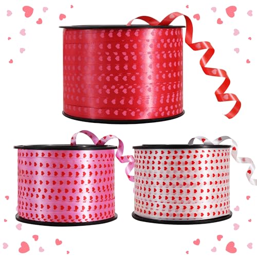 BEISHIDA Herz-bedrucktes Band, rot/weiß/rosa, Ringelband, Ballonschnur, 3 Rollen, 91,4 m als Geschenk, zum Verziehen, Valentinstag, Muttertag, Hochzeit, Jahrestag, Geburtstagsparty-Dekorationen von BEISHIDA
