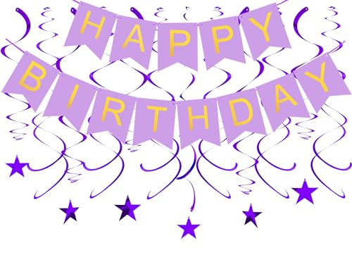 BEISHIDA Lila "Happy Birthday"-Banner mit 12 lila Sternen, hängende Wirbel, Girlande, violett, Geburtstagsparty-Dekorationssets für Geburtstagsparty, Kindergeburtstagsdekorationen von BEISHIDA
