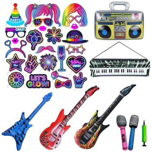 BEJAGWUS 33 Stück Fotobox Accessoires Neon Party Deko mit Aufblasbare Instrumente Set für Geburtstag, Karneval, Hochzeit,Weihnachtsparty, Disco Party Gadgets Birthday Decorations (A) von BEJAGWUS