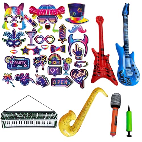 BEJAGWUS 36 Stück Party Deko Fotobox Accessoires mit Aufblasbare Instrumente Set für Geburtstag, Karneval, Hochzeit,Weihnachtsparty, Disco Party Gadgets Birthday Decorations (B) von BEJAGWUS