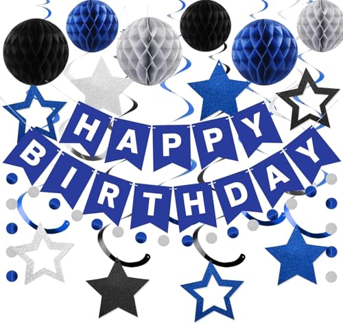 BEJAGWUS Geburtstagsdeko Blau,Deko Geburtstag mit Happy Birthday Girlande Banner, Pompons, Bändern, Birthday Decorations Party Deko für Frauen Mädchen Junge Mann (Blau) von BEJAGWUS