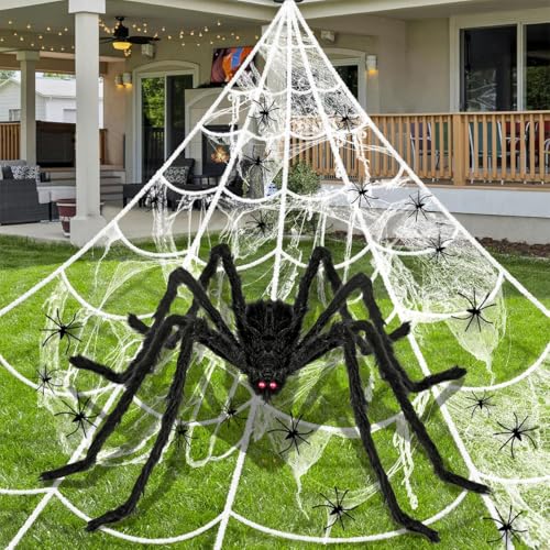 BEJAGWUS Halloween Deko Outdoor Garten Spinnennetz Set,5 M Spinnennetz Deko + 1,5 M Riesen Helloween Spinne + 20 Mini-Spinnen + 8 ㎡/40g Spinngewebe für Halloween Party Horror Draußen (Schwarz) von BEJAGWUS