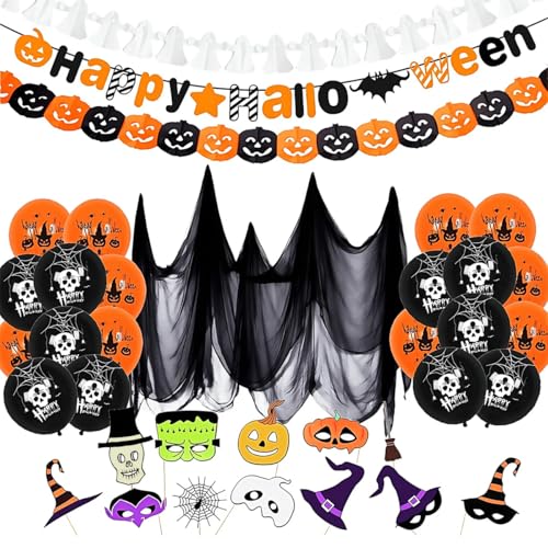 BEJAGWUS Halloween Deko Innen Set 2025,20 Halloween Luftballons + HAPPY HALLOWEEN Girlande Banner + 12 Fotobox Accessoires + Hintergrundgaze,Horror Decoration für Helloween Party von BEJAGWUS