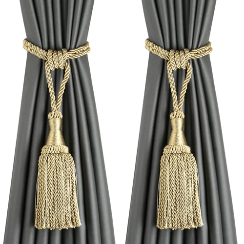 BEL AVENIR Quasten-Vorhang-Raffhalter, modernes Seil, Fenstervorhang, Raffhalter für Vorhänge, Outdoor, elegant, dekorative Vorhanghalter mit Quaste (Gold, 2 Stück) von BEL AVENIR
