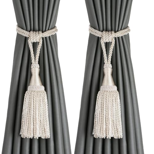 BEL AVENIR Quasten-Vorhang-Raffhalter, modernes Seil, Fenstervorhang, Raffhalter für Vorhänge, Outdoor, elegante dekorative Vorhanghalter mit Quaste (Beige, 2 Stück) von BEL AVENIR