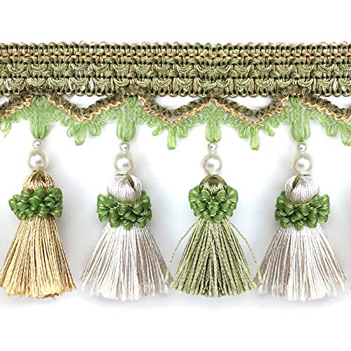 BEL AVENIR Quasten Fransenbesatz 6,8 Yard x 3,15 Zoll Luxus-Perlenbesatz mit Quastenfransen (Grün) von BEL AVENIR