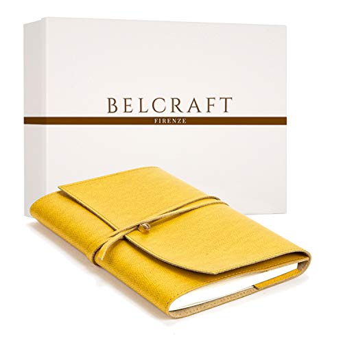 Portofino mittelgroßes Nachfüllbar Notizbuch aus Leder, Handgearbeitet in klassischem Italienischem Stil, Geschenkschachtel inklusive, Tagebuch, Lederbuch (12x17 cm) Gelb von BELCRAFT