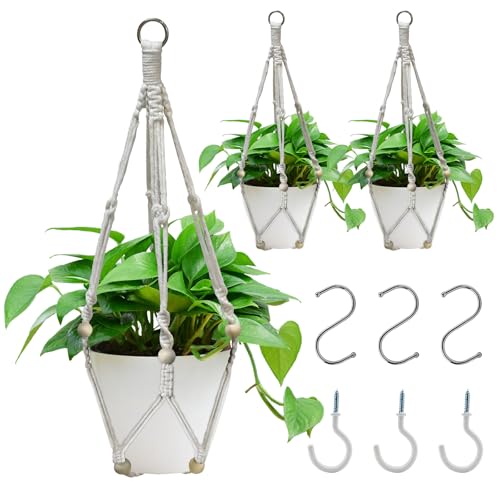 BELEFU Makramee-Pflanzenaufhänger, Seil, 60 cm, Boho-Hängepflanzenhalter mit Holzperlen, gewebte Häkel-Pflanzgefäße für Zimmerpflanzen, Outdoor, Heimdekoration, Blumen (Töpfe nicht im Lieferumfang von BELEFU