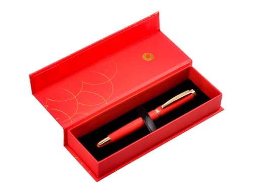 BELIUS Kugelschreiber Passion Dor Aluminium-Textur, gebürstet, Rot und Gold, blaue Tinte, Design-Box von BELIUS