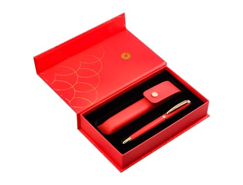 BELIUS Kugelschreiber und Etui Passion Dor Aluminium-Textur, gebürstet, Rot und Gold, blaue Tinte, Design-Box von BELIUS