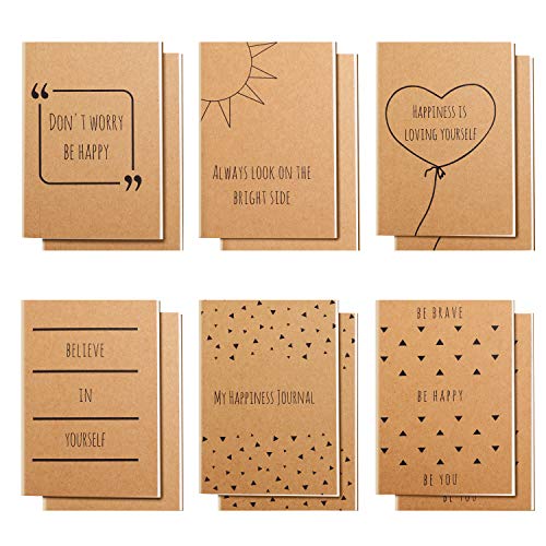 BELLE VOUS 12er Pack Braune Kleine Notizbücher A6 Liniert 10,5 x 14,8 cm Notizblöcke Klein 6 Englische Spruch-Designs - 80 Papierseiten - Positive Botschaften auf Notizblock A6 von BELLE VOUS