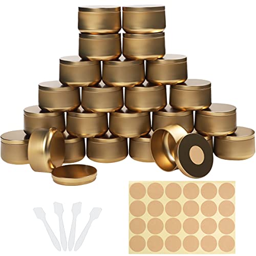 BELLE VOUS 24 Stk Goldfarbenes Metall Kerzen Gießen Zubehör mit Aufklebern und Spatel – 230ml Runde Kerzen Gläser – Metalldosen mit Deckel für Kunst & Handwerk – Runde Dosen zur Aufbewahrung von BELLE VOUS