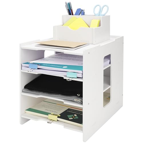 BELLE VOUS 4-stufiger Briefablage Organizer - 4-Tier Dokumentenablage für Büro Schreibtisch Schule - Ablagefächer stapelbar - Ablage für Briefe und Dokumente - Weiß von BELLE VOUS