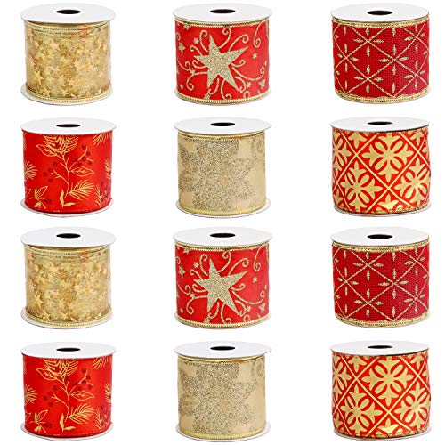 Belle Vous Dekoband Weihnachten (12 Stk) - 2,7mx63mm Geschenkband Rot Gold Chiffon Breit mit Draht Verschiedene Motive – Schleifenband Satinband Organza Band Bänder Geschenke, Weihnachtsdeko, Basteln von BELLE VOUS