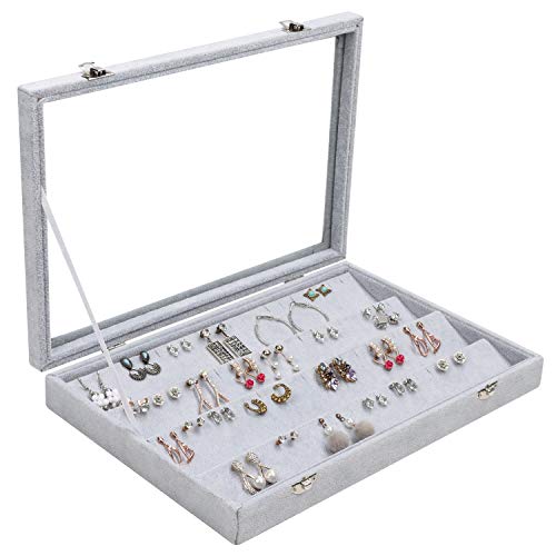 BELLE VOUS Jewelry Organizer Ohrringe Schmuckkasten Grau, Samt Box Deckel & 40 Schlitze – Schmuckaufbewahrung 4 Ebenen Schmuckschatulle mit Sichtfenster als Ohrring Halterung, Ohrstecker Aufbewahrung von BELLE VOUS