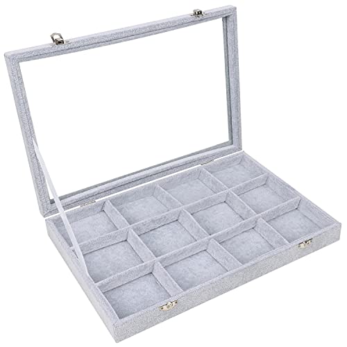 BELLE VOUS Jewelry Organizer Schmuckkasten Grau, Samt Box Glas Deckel & 12 Fächer – Schmuckaufbewahrung Stapelbar Schmuckschatulle Schubladen Verstellbar für Ringe, Ketten, Armband, Ohrringe, Uhren von BELLE VOUS