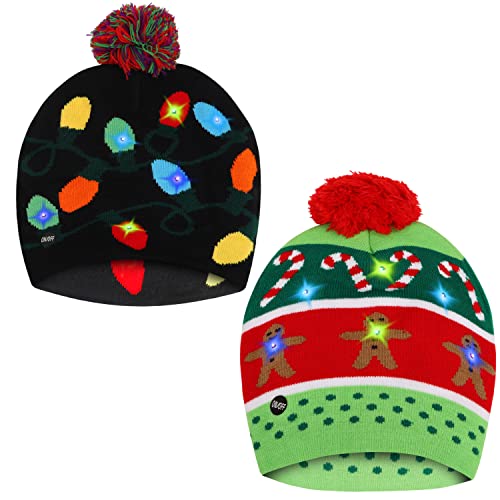 BELLE VOUS Weihnachtsmütze mit LED Licht (2 STK) - Unisex Bommel Mütze mit Licht - Dehnbare Weihnachtsmützen mit 6 LED-Lichtern - Lebkuchenmann & Lichter Lustige Hüte für Weihnachts Dekoration von BELLE VOUS