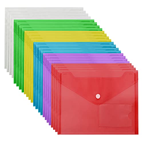 Belle Vous 24er Pack Dokumentenmappe A5 Plastik Hülle Transparent – Din A5 Mappe Bunte Farben mit Druckknopf & Etikettenfach – Dokumententasche A5 Wasserdicht zum Abheften von BELLE VOUS