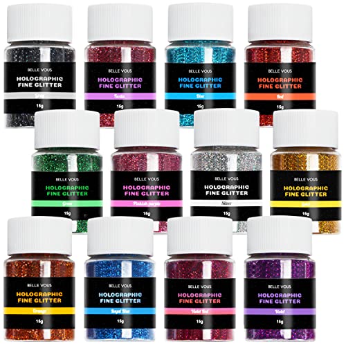 Belle Vous 12 Stk Feines Glitzerpulver Basteln Set - 15g X 12 Farben Bastel Glitzer zum Werken, Epoxidharz, Harz Pigmente, Hochzeit, Deko, Nägel/Körper/Gesicht, DIY Slime von BELLE VOUS