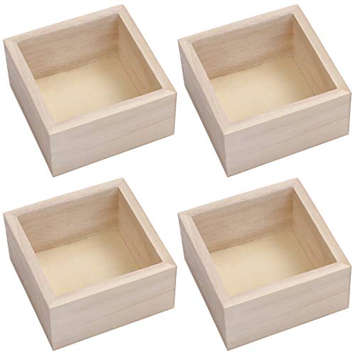 BELLE VOUS Holz Aufbewahrungsbox Quadratisch Unbehandelte Holzkisten (4 Stk) - 9,5x9,5x5cm Rustikale Kisten aus Naturholz Aufbewahrungskiste Box Holzbox für Zuhause, Deko, Sammler, Pflanzen, Basteln von BELLE VOUS