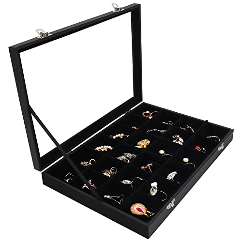 Belle Vous Jewelry Organizer Schmuckkasten Schwarz, Samt Box Glas Deckel & 24 Fächer – Schmuckaufbewahrung Stapelbar Schmuckschatulle Schubladen Verstellbar für Ringe, Ketten, Armband, Ohrringe, Uhren von BELLE VOUS