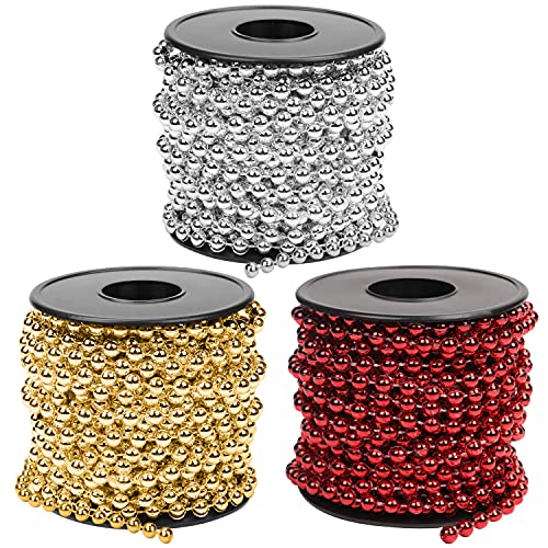Belle Vous Perlenkette für Weihnachtsbaum (3 Stk) 10 m Rote, Silberne & Goldene Perlen Christbaumkette für einen Weihnachtsbaum, Perlenkette Tischdeko & Partydeko, Perlenkette zum Aufnähen & Handwerk von BELLE VOUS