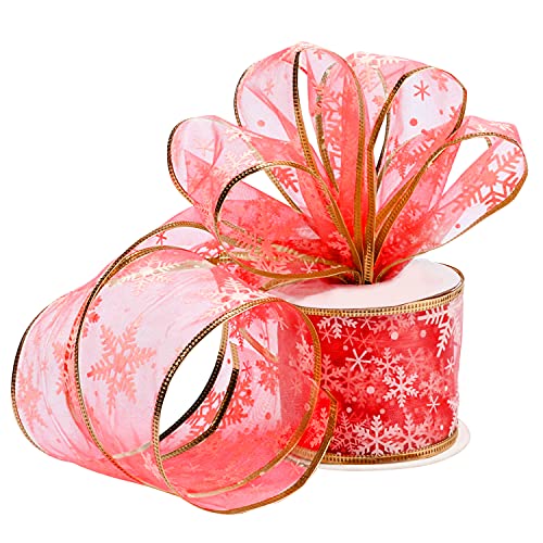 BELLE VOUS Rotes Weihnachts Geschenkband - 10m x 6,3cm Breit Verdrahtetes Glitzerndes Organza Band mit Schneeflocken - Dekobänder Weihnachten für Geschenkverpackungen, Bastelarbeiten und Partydeko von BELLE VOUS
