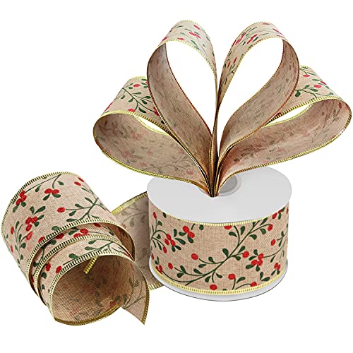 BELLE VOUS Sackleinen Band Geschenk Schleifenband – 20 m x 6,3 cm Breites Glitzerndes Organzaband mit Beeren Muster und Draht – Deko Schleifenband für Weihnachtsfeier, Christbaum & Geschenke von BELLE VOUS