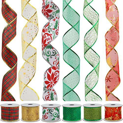 Weihnachts Geschenkbänder(6 Stück)5,48m Karierte, Funkelnde, Dekorative, Glitzer-, Tüll-, Organza Weihnachtsbaum Geschenkbänder, Geschenkverpackung, DIY, Schleifen, Party-Dekoration (6cm breit) von BELLE VOUS