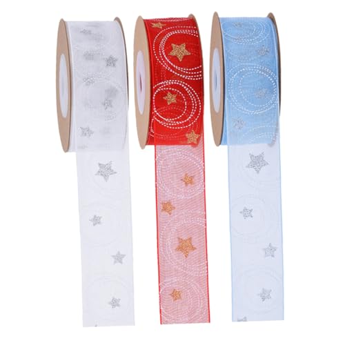 BELLIFFY 3 Rollen Weihnachtsband Polyester Sternmotiv Festliches Geschenkband Weiß Blau Rot Für DIY Basteln Partydekoration Weihnachten von BELLIFFY
