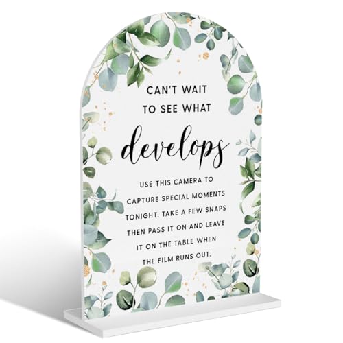Acryl-Hochzeitsschilder, Brautparty-Dekorationen, modern, gewölbt, runde Spitze, Acryl-Tischplatte, Schild mit Halter für Hochzeitsempfang, Party – Can't Wait to See What Develops (Weiße von BELLOWDEER