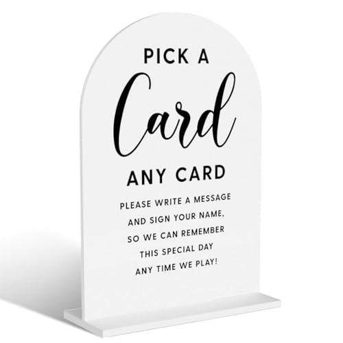 Acryl-Hochzeitsschilder, "Pick A Card"-Schilder für den Hochzeitsempfang, Brautparty-Dekorationen, modern, gewölbt, runde Oberseite, Acryl-Tischplatte mit Halter für Hochzeit, Party, Abendessen (weiß) von BELLOWDEER