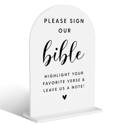 Acryl-Hochzeitsschilder, "Please Sign Our Bible Signs for Marriage Reception, Bridal Shower Decorations, Modern Arched Round Top Acrylic Table Top Sign with Holder for Wedding Party Dinner (White) von BELLOWDEER