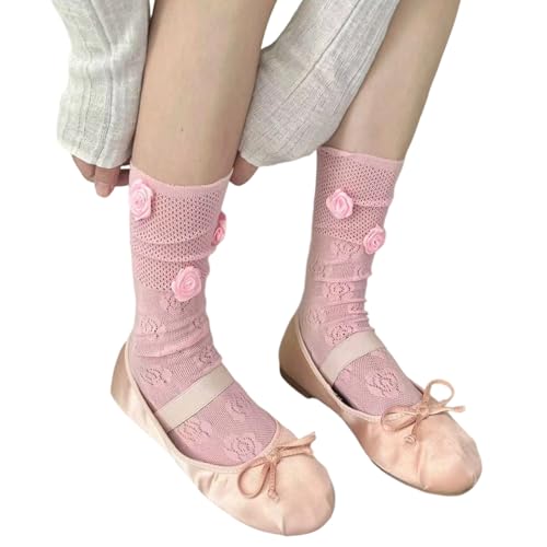 BELOWSYALER Spitzensocken mit Blumenstickerei, Netzstoff, Mittelwadensocken, atmungsaktiv, Nylon, Stretch, Rose, Fischnetz, Knöchelsocken für Damen und Mädchen von BELOWSYALER