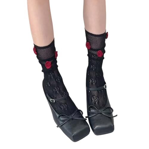BELOWSYALER Spitzensocken mit Blumenstickerei, Netzstoff, Mittelwadensocken, atmungsaktiv, Nylon, Stretch, Rose, Fischnetz, Knöchelsocken für Damen und Mädchen von BELOWSYALER