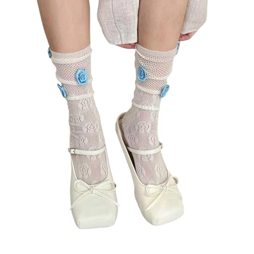 BELOWSYALER Spitzensocken mit Blumenstickerei, Netzstoff, Mittelwadensocken, atmungsaktiv, Nylon, Stretch, Rose, Fischnetz, Knöchelsocken für Damen und Mädchen von BELOWSYALER