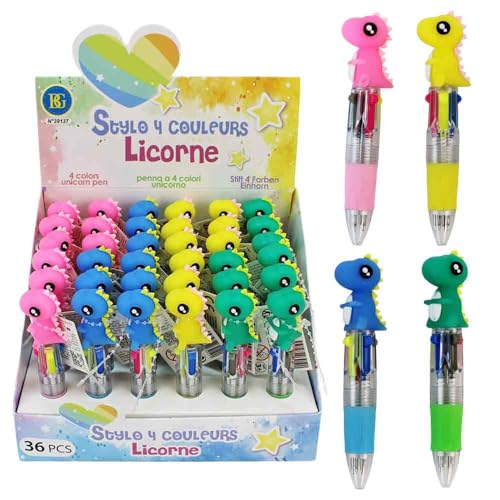 Dino Kugelschreiber mit 4 Farben – ca. 10 cm – mit Gummigriff & Kawaii Dino-Figur – Schreibstift für Kinder – 4 Farben sortiert – 36 Stück im Display – Schulstart & Mitgebsel Dino Kugelschreiber mit 4 Farben – ca. 10 cm – mit Gummigriff & Kawaii Dino-Figur – Schreibstift für Kinder – 4 Farben sortiert – 36 Stück im Display – Schulstart & Mitgebsel von BEMIRO