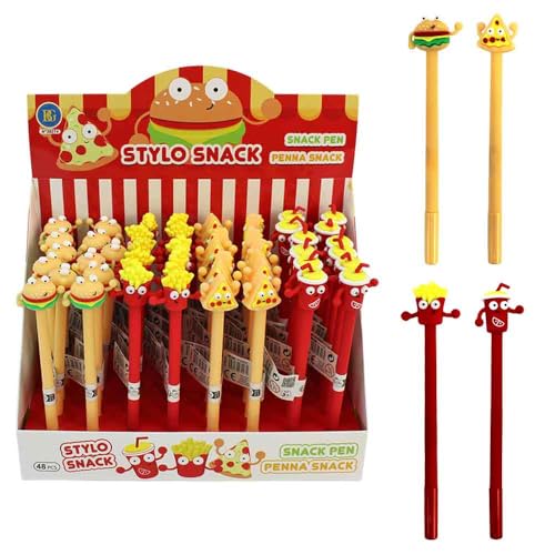 Lustiger Kugelschreiber für Kinder – ca. 17,5 cm – Fast Food Motive (Pommes, Burger, Pizza, Softdrink) – mit niedlichen Gesichtern – 48 Stück im Display – Mitgebsel & Geschenkidee von BEMIRO