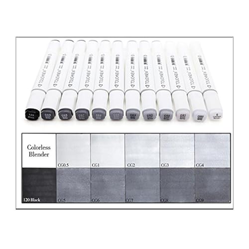 12 Farben Graustufen-Marker, doppelseitige Skizzenmarker, auf Alkoholbasis, neutrale Grau-Töne 12 Colors Cool Gery Style von BEMLP