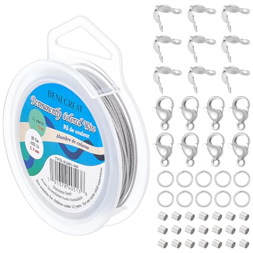 BENECREAT 10 m 7 Strängiger Edelstahl Perlendraht Mit 200 Biegering 200 Stück Quetschperlen 100 Stück Perlenspitzen Und 20 Stück Karabinerverschlüsse Für Die DIY Schmuckherstellung 0.8mm von BENECREAT
